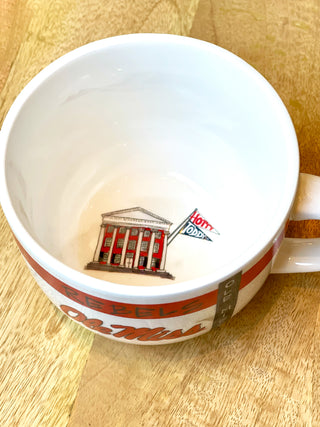 colorful soup mug with campus illustration and officially licensed ole miss logo for grad gift