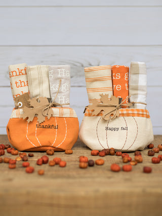a collection of canvas hand towels with thanksgiving patterns in a two pumpkin holder sets for fall decor gifts