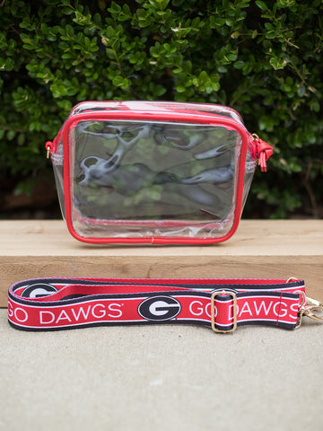 stadium approved clear bag with red edges and a red and black crossbody strap with uga logos and reads go dawgs