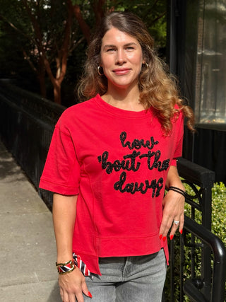 a boxy vibrant red georgia bulldogs game day top with black glittered letters