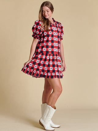 a chic collared red and black georgia bulldogs checkered mini dress worn with white boots