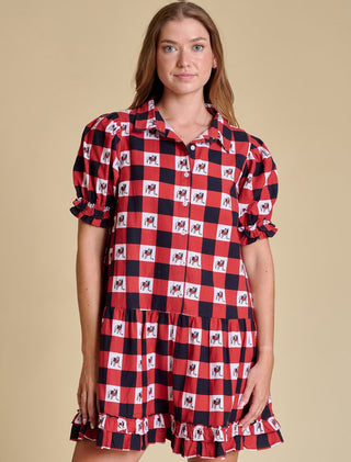 a chic collared red and black georgia bulldogs checkered mini dress with ruffled details