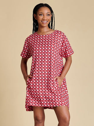 a casual cute crewneck mini dress with the red georgia bulldogs logo