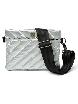 a metallic silver luxury bum bag with a detachable strap