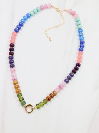 multicolored beaded necklace with gold toggle