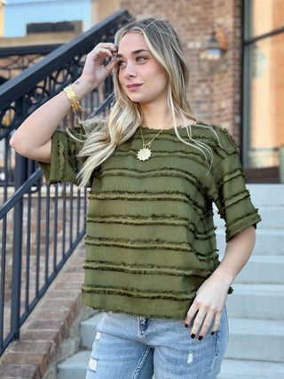 olive green short sleeve shirt with fringe stripes 