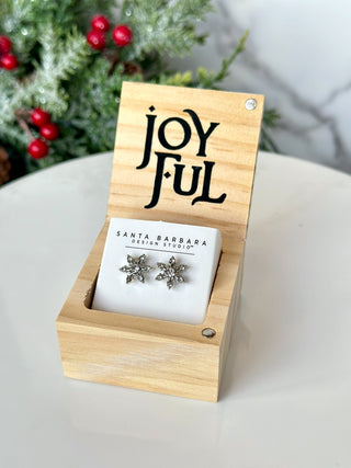 snowflake earrings in a wooden treasure box that says joyful