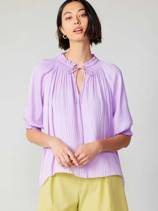 romantic lavender short sleeve pleated top with elastic cuffs