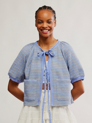 blue striped sweater cardigan with tie-front