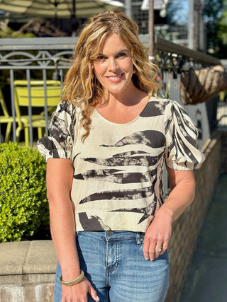 black and cream short puff sleeve blouse with palm print 
