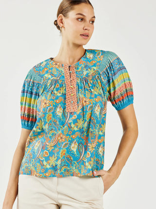 tropical smocked blue and orange paisley floral print blouse