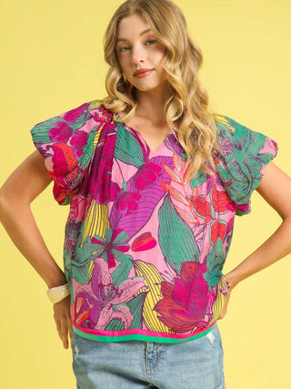 Tropical Floral Ruffle Top - Pink Mix