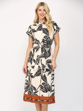 Tropical Linen Midi Dress - Taupe Multi