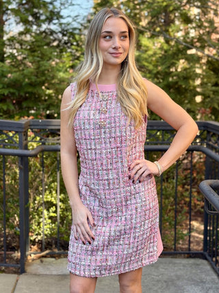 pink multicolor plaid mini dress with rhinestone buttons 