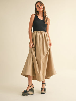 Two Toned Twirl Maxi Dress - Black/Tan