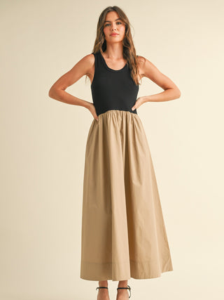 sleeveless ribbed black top with contrast brown skirt midi dress