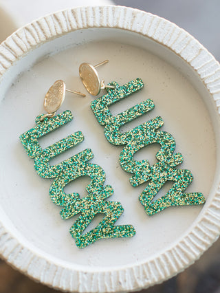 lucky st patricks acrylic dangly earrings with gold posts