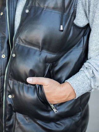 Urban Edge Faux Leather Puffer Vest - Black