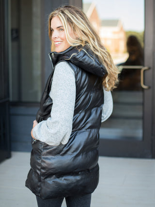 Urban Edge Faux Leather Puffer Vest - Black