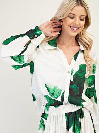 white and green abstract watercolor button down long sleeve top