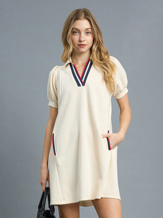 cream puff short sleeve mini dress with varsity striped v neck and pockets 