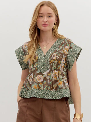 Verdant Contrast Blouse Top - Brown