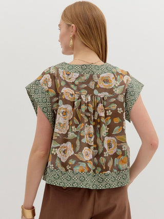 Verdant Contrast Blouse Top - Brown