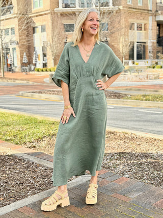 a chic and comfy light army green maxi dress with a low v neck