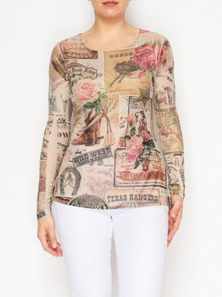 a long sleeve mesh rose colored western top