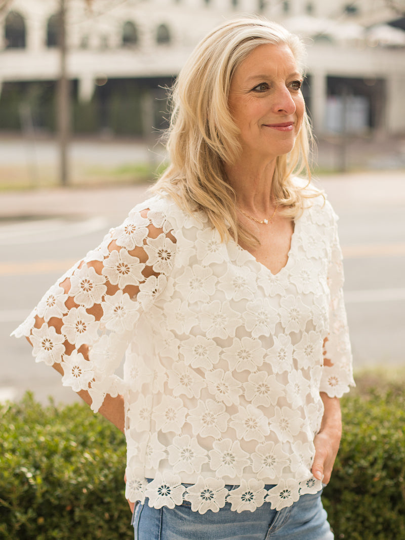 Whirlwind Romance Flower Lace Blouse White