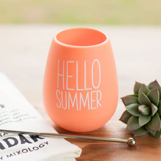 bright orange silicon wine cup that says hello summer
