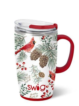 a travel yeti coffee mug with a holiday cardinal and holly pine pattern