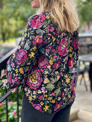 Winter Garden Floral Print Top - Black Multi