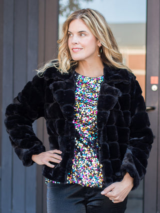 wear this black faux fur coat to holiday parties and family photoshoots for a glamorous old hollywood look