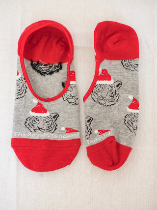 a pair of red and gray no show holiday socks with christmas tigers perfect for stocking stuffer gifts for Auburn or Clemson fan
