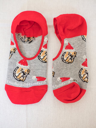 a pair of red and gray no show holiday socks with christmas bulldogs perfect for stocking stuffer gifts
