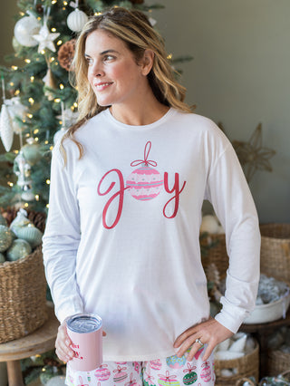 wear this white and red pajama top that reads joy on christmas morning and cozy winter days