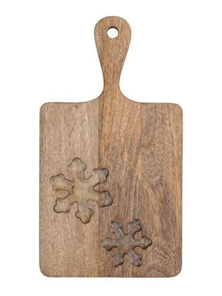 wooden cutting board with glass holiday snowflake cut outs