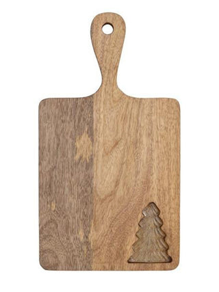 wooden cutting board with glass holiday christmas tree cut out