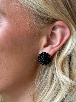 Woven Crystal Ball Stud Earring - Black