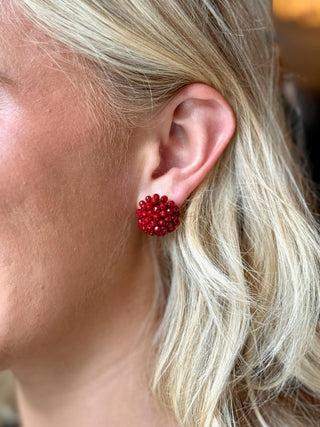 Woven Crystal Ball Stud Earring - Red