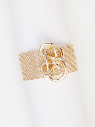 gold mesh bangle bracelet with gold metal knot design