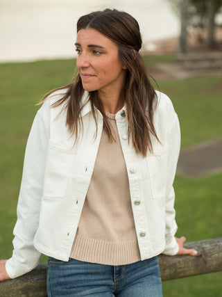 lightweight cropped bone white 100% cotton denim jacket with front pockets