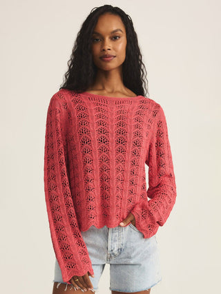 coral crochet sweater with zig zag stitching 