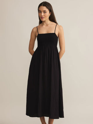black spaghetti strap midi dress with ruched top 