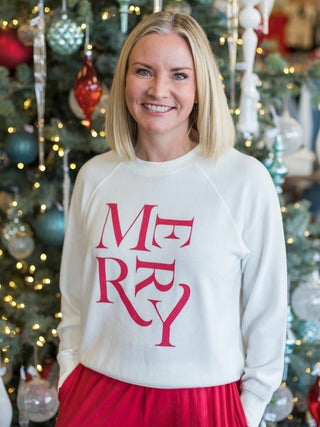 wear this white and red lounge long sleeve top that reads merry on christmas morning and cozy pajama days
