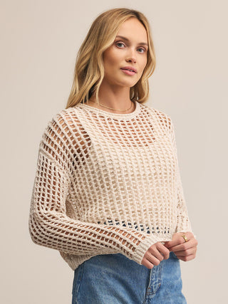 long sleeve cream knit crochet sweater