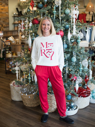 wear these bright red jogger sweatpants in comfort fabric for christmas morning and cozy winter pajama days with matching top