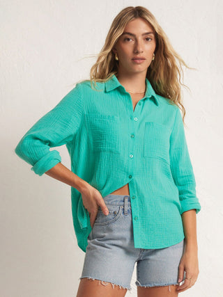 breathable cabana green long sleeve cotton gauze shirt with front button closure