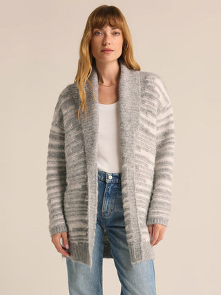 a cozy light heather grey cardigan sweater with an open front design